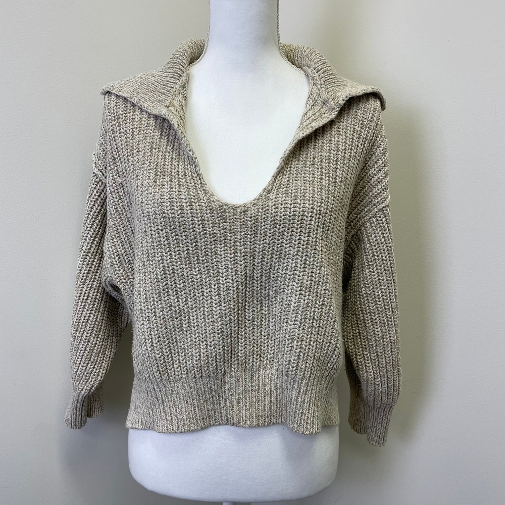 Free People Oatmeal Marl Chunky Knit V-Neck Collared Sweater Small